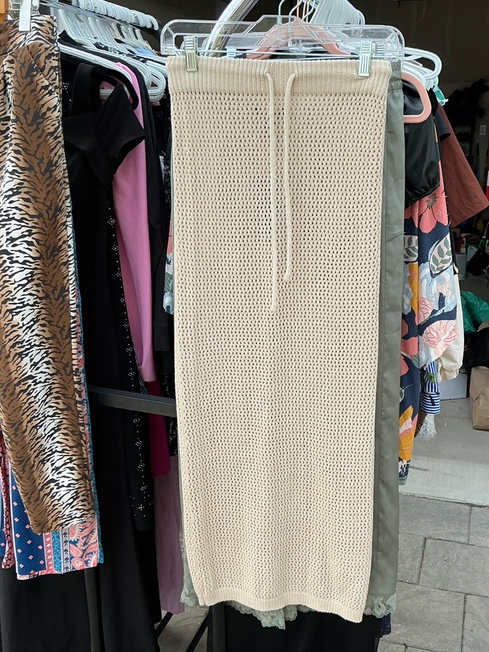Cream Knit Drawstring Waist Midi Skirt